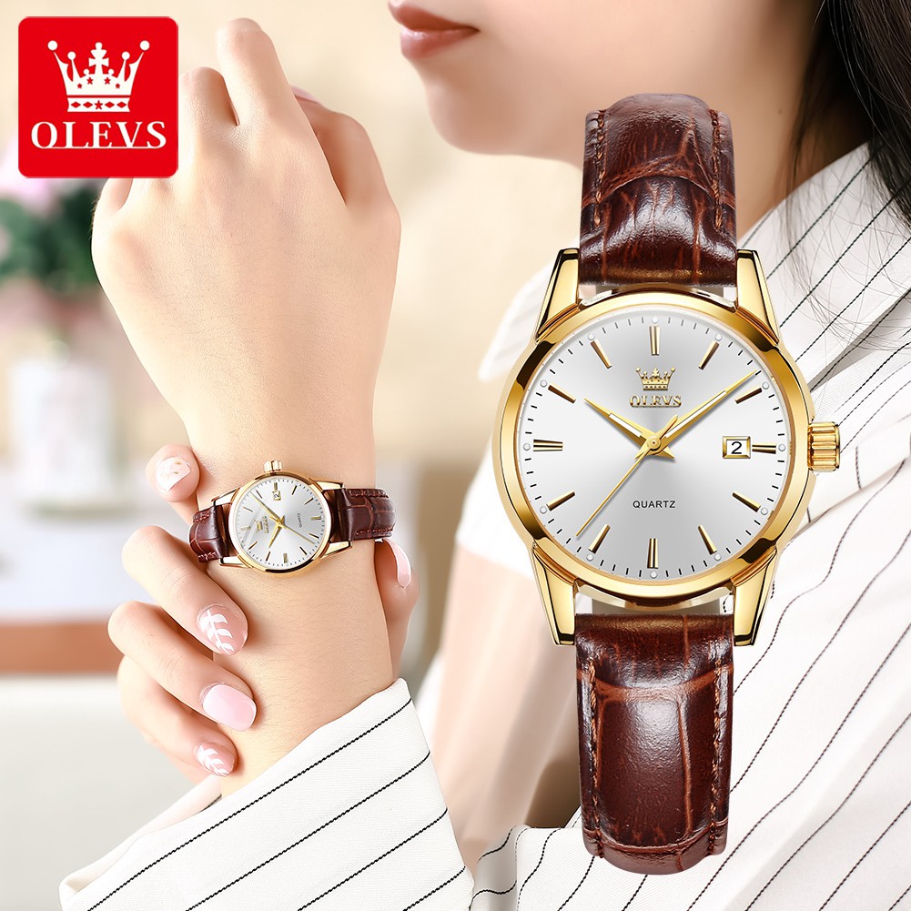 【KOTAK LV GRATIS】LV Jam Tangan Wanita Kulit Emas Jam Tangan Vintage Fashion  Kasual