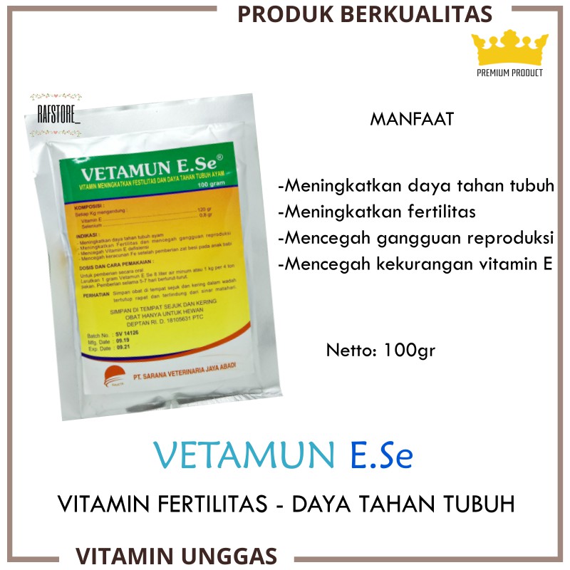Jual VITAMIN PETELUR Vetamun E Selenium 100 Gram vitamin layer