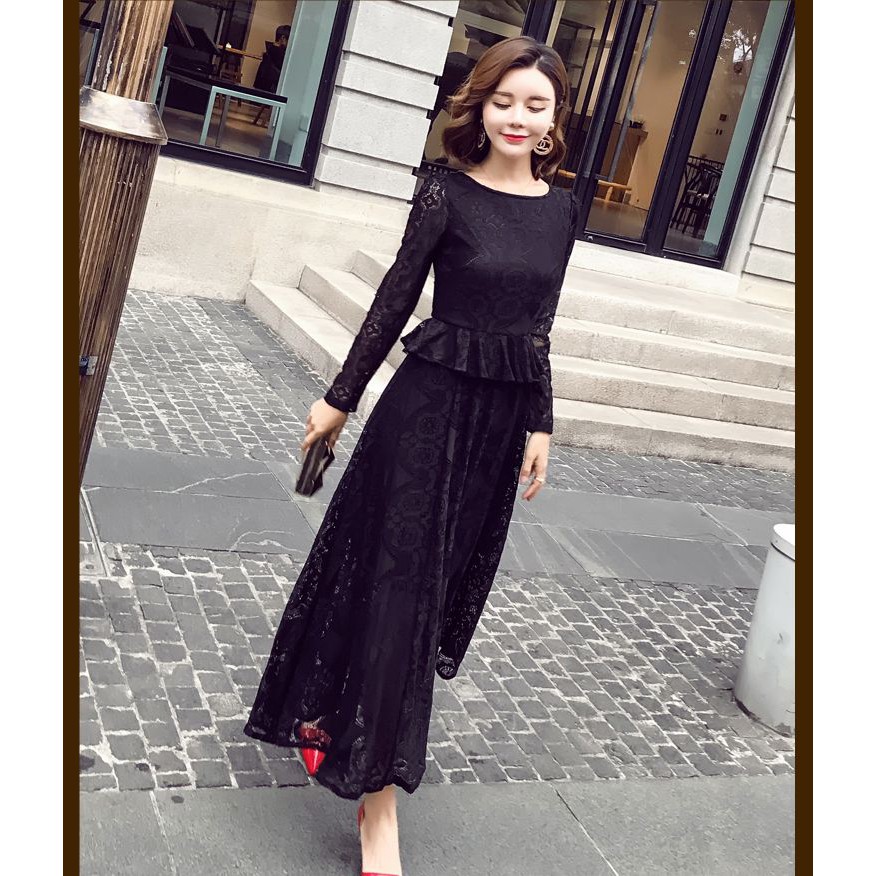 long dress hitam lengan panjang Jual Dress Pesta Hitam Mewah Elegan Korea Premium/Dress Hitam Korea Lengan  Panjang