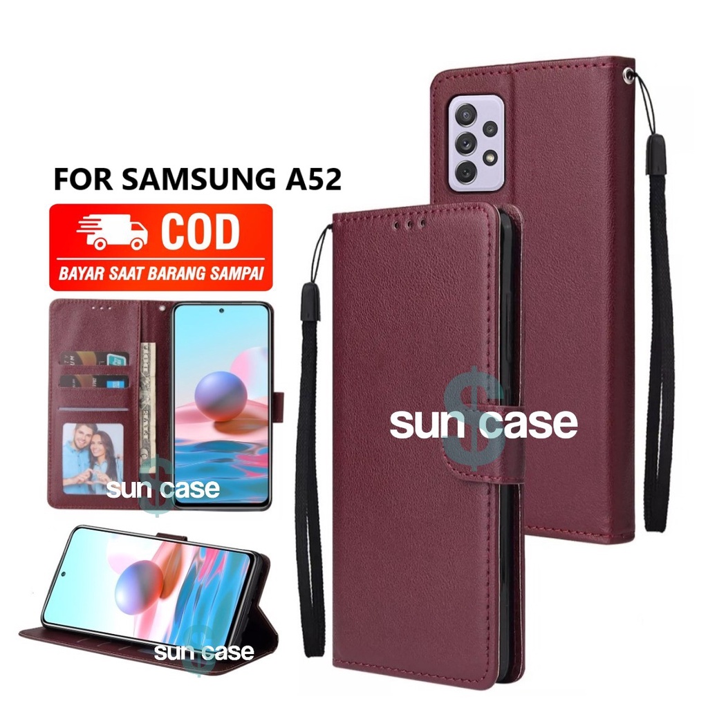 Casing SAMSUNG A52 model flip buka tutup case kulit ada tempat foto dan  kartu juga tali hp flip cover
