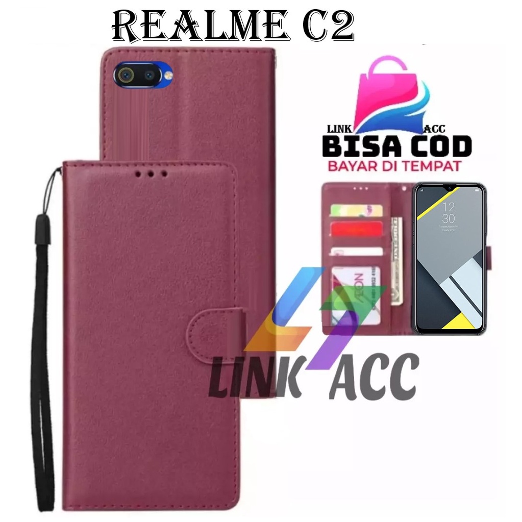 CASE FLIP REALME C2 LEATHER CASE PREMIUM-FLIP WALLET CASE KULIT UNTUK  REALME C2 CASING DOMPET HP