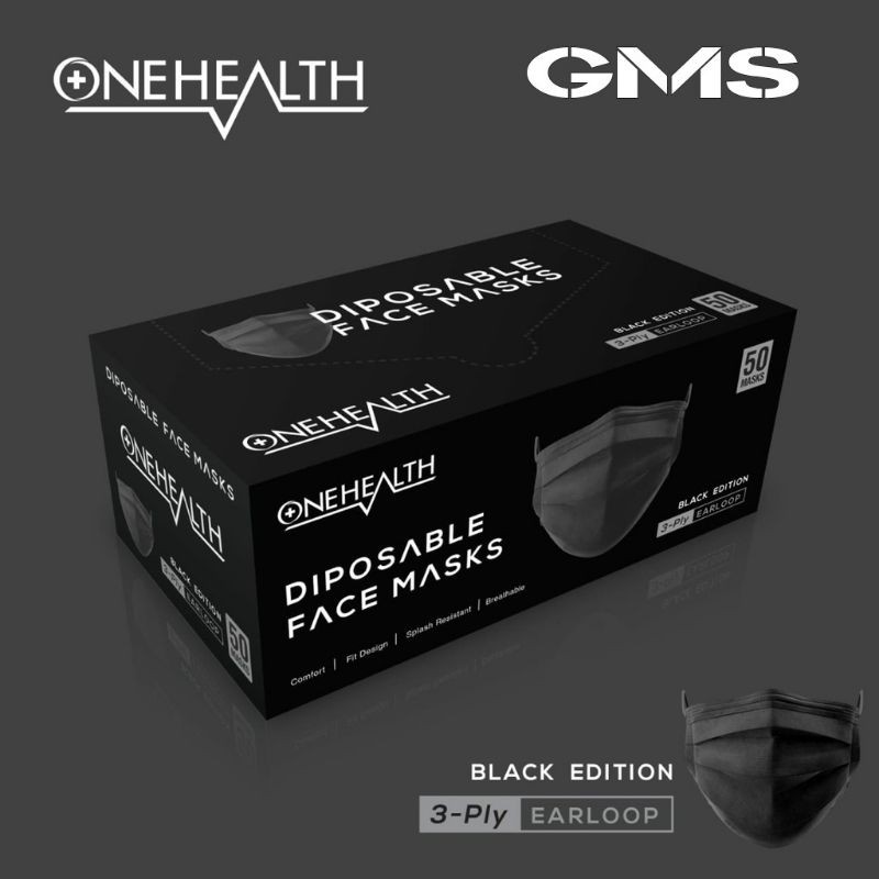 Jual Masker 3 Ply Onehealth Earloop Black Edition Per Box isi 50 Pcs ...