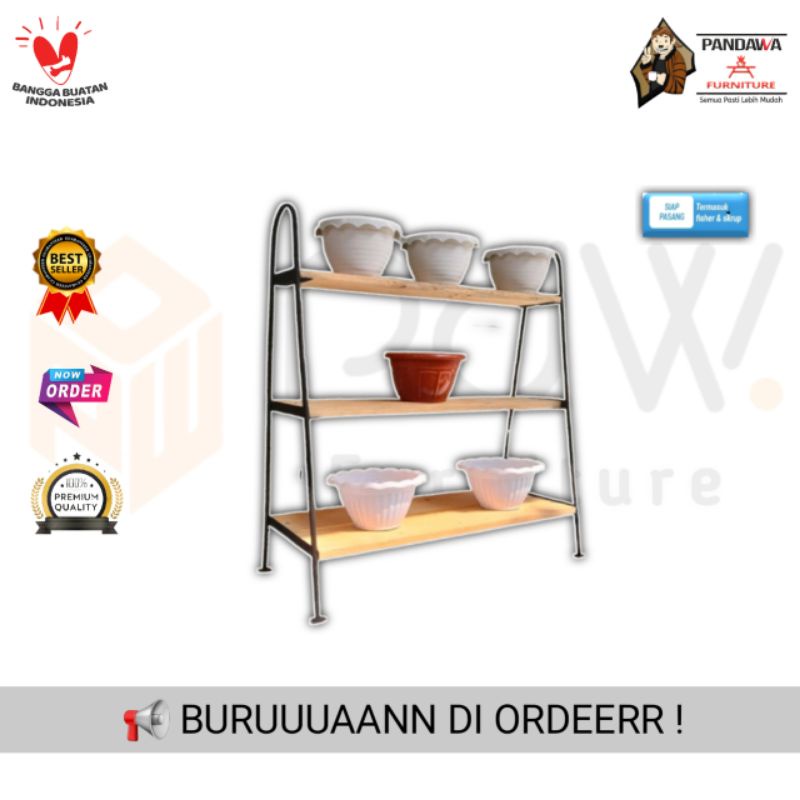Jual Rak Bunga Kaki Besi 3 Tingkat Ambalan Kayu | Shopee Indonesia