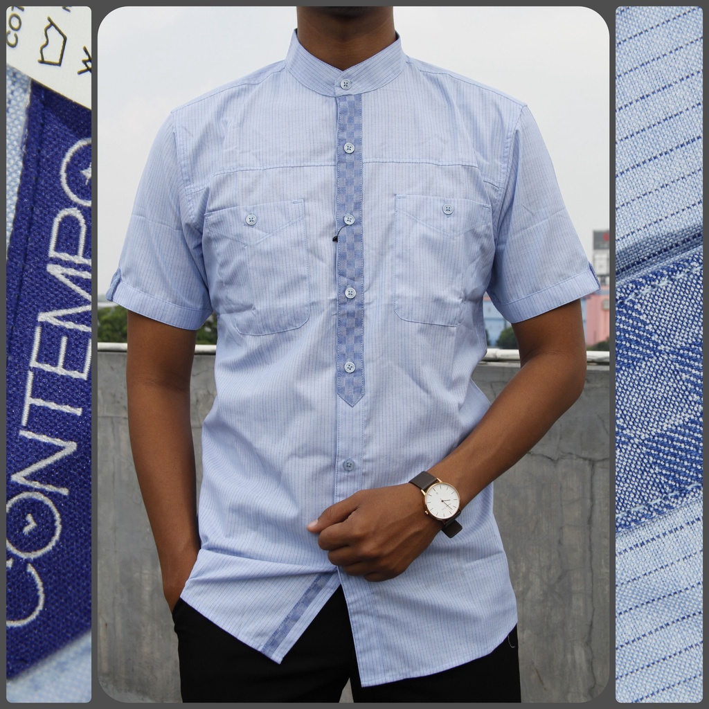 Jual Baju Koko Pria Contempo Lengan Pendek Motif Bordir warna biru Muda