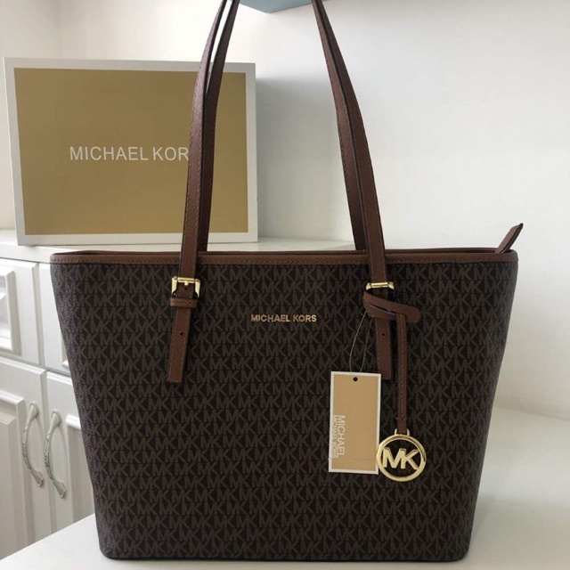 ORIGINAL 100 Michael Kors Totebag Logo Signature Kanvas MK Tas Kerja Wanita Brown