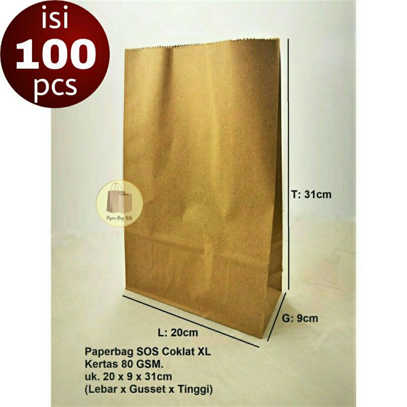 Jual Paperbag Sos Kantong Kertas Coklat Xl 20x9x31 Cm Isi 100 Pcs