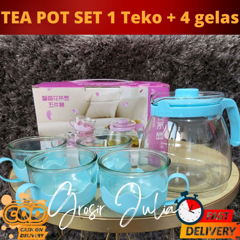 Jual Tea Pot Set 5in1 Tempat Minum Teh Teko Set Cangkir Gelas Kaca Souvenir Sopenir Kado Free 8642