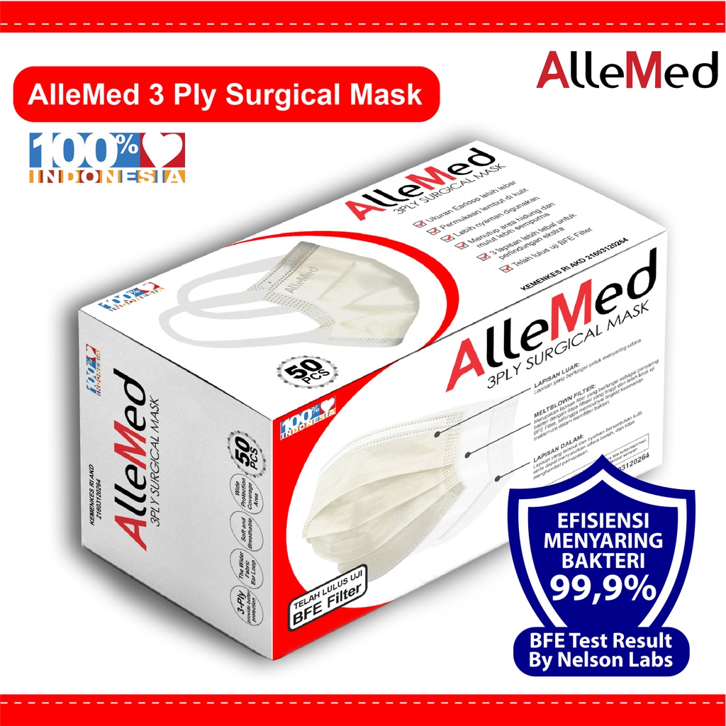 Jual AlleMed 3 Ply Medical Face Mask Wide Earloop Masker Medis 3 Ply ...