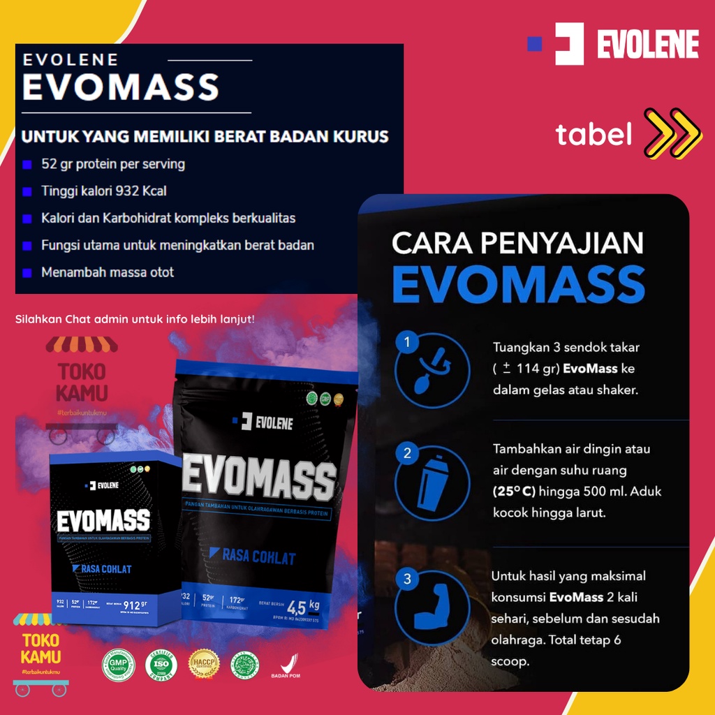Jual EVO MASS 912 GRAM GR (2LBS) BPOM HALAL EVOMASS GAINER EVOLENE SUSU ...
