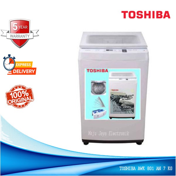 Mesin Cuci 1 Tabung TOSHIBA AWK 801 AN/WW Tempered Glass Door, Soft Door Full Otamatis 7 KG