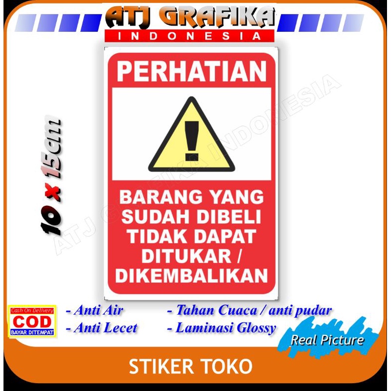 Jual Stiker Barang Yang Sudah Dibeli Tidak Dapat Ditukar / Dikembalikan ...