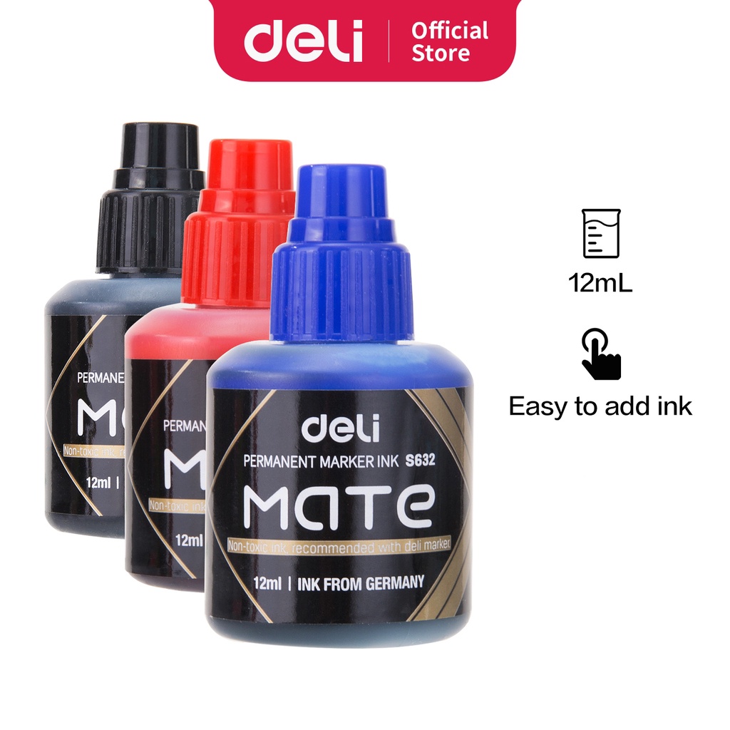 Deli Isi ulang tinta Spidol Permanen [12 mL] - Hitam Merah Biru Cepat Kering tahan air ES632 (2)