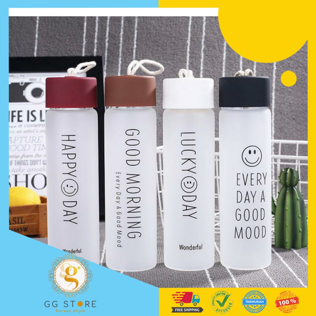 Jual E218 BOTOL MINUM KACA LUCKY DAY SMILE KAPASITAS 350ML | Shopee ...