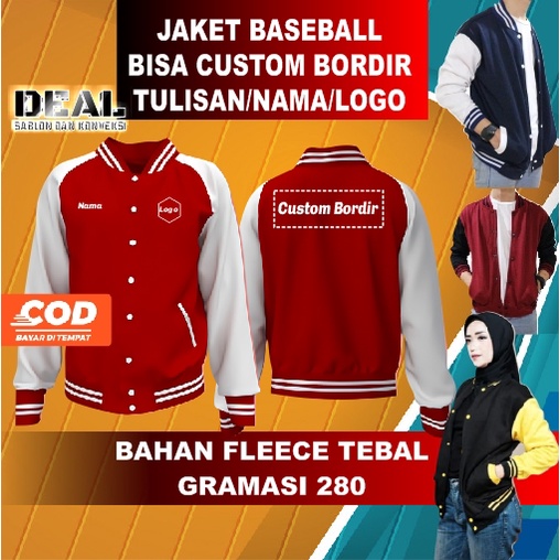 Jual JAKET BASEBALL CUSTOM BORDIR BAHAN FLEECE TEBAL GRAMASI 280 CUSTOM BORDIR NAMA/LOGO/TULISAN