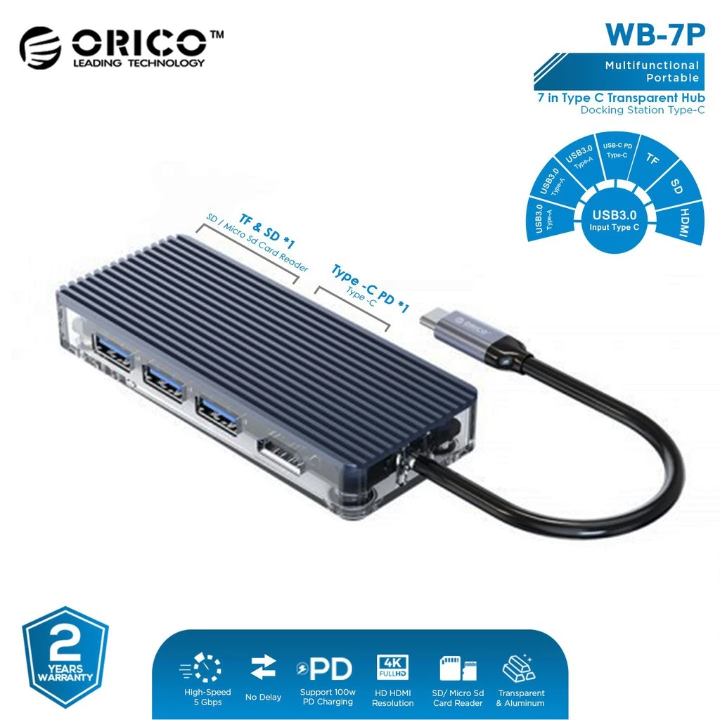 ORICO 7in1 Type C Hub USB 3.0 HDMI TF SD - WB-7P