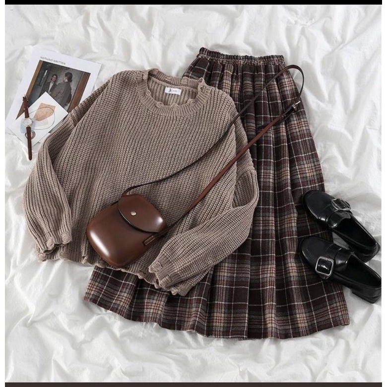 Jual Oneset 2 in 1 (Rajut + Rok Kotak-kotak) | Shopee Indonesia