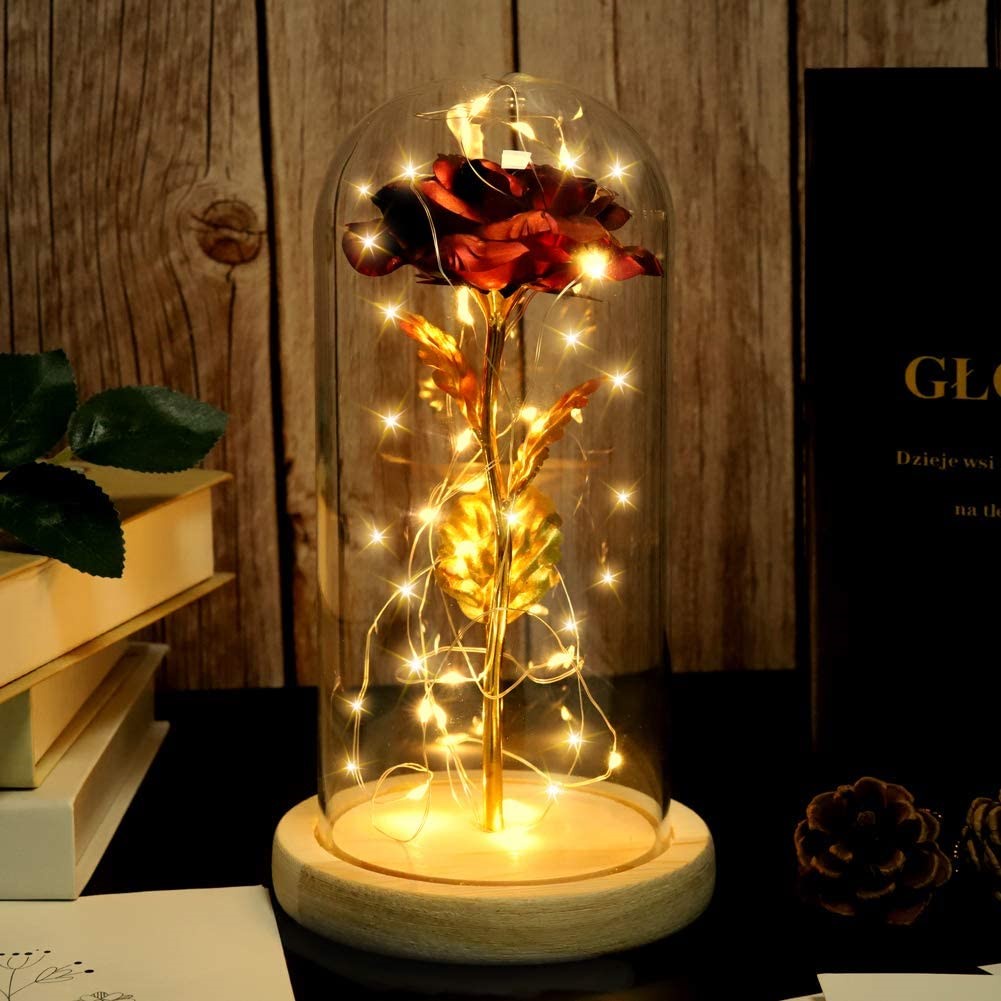 Jual Bunga mawar lampu led glass dome Dekorasi Beauty Kado buat cewe