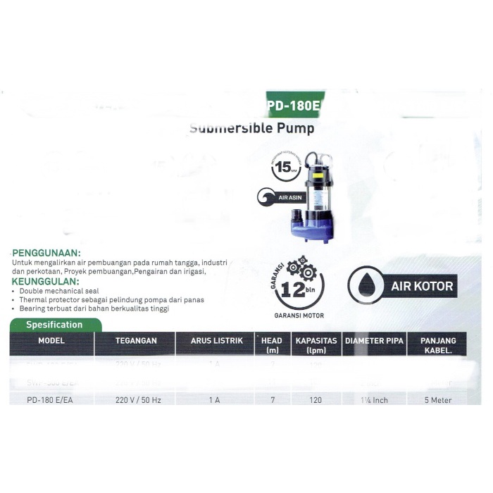 Jual WASSER PD 180 E pompa celup manual air asin payau rendam kuras ...