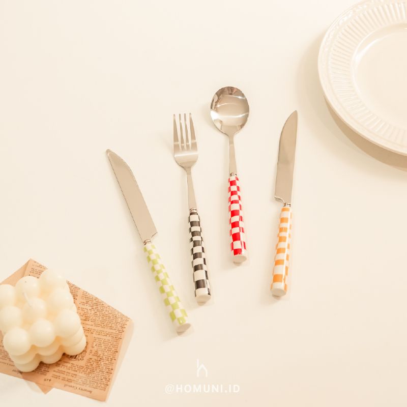 Jual Hee Do Checker Cutlery/Sendok Garpu Pisau Korea Motif KotakKotak