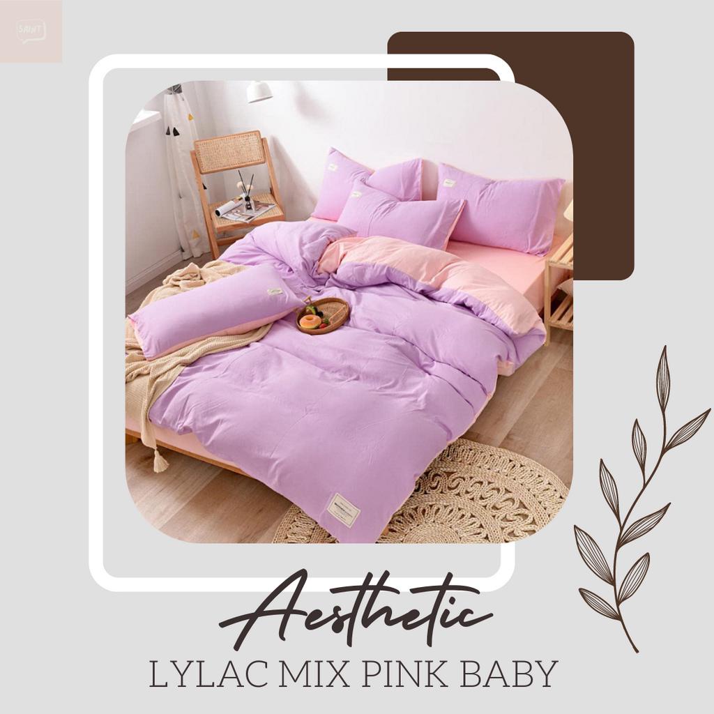 Jual Bedcover Sprei Set Aesthetic Korea Two Tone (Dua Warna Dalam Satu Bedcover) Lilac mix Pink