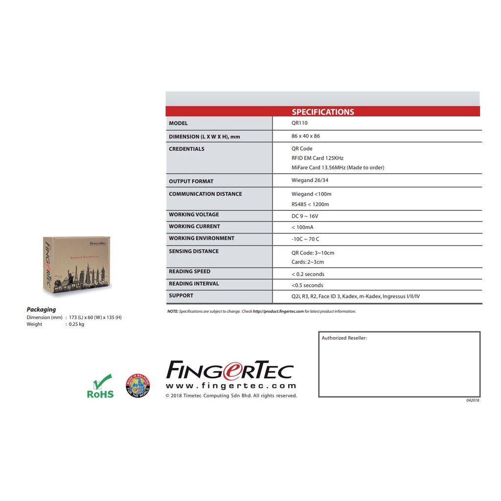 Jual Acces Door Fingertec QR 110 (Mesin Absensi) Verifikasi QR code dan ...