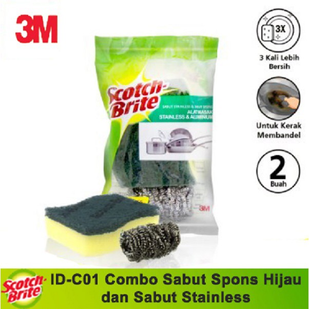 Jual 3M Scotch Brite ID-C01 Combo Sabut Spons Hijau dan Sabut Stainless ...