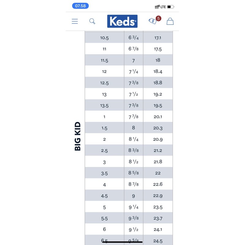 Keds kids size chart online