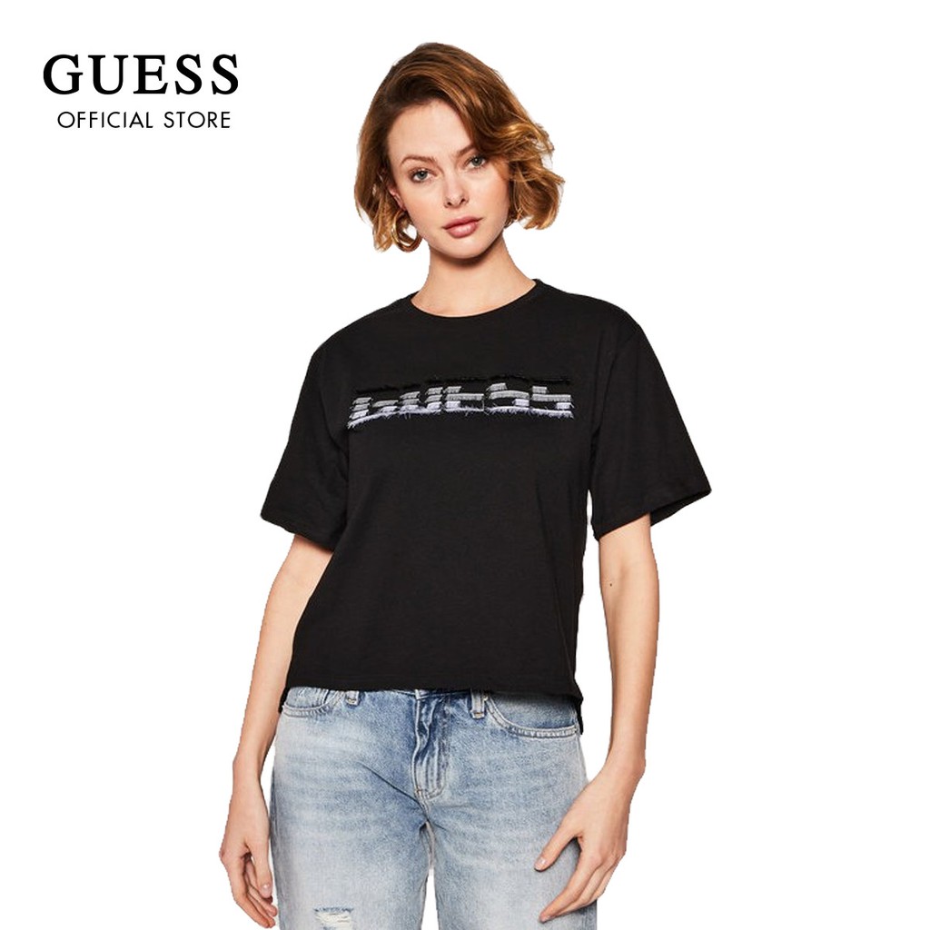 GUESS Maglietta Donna RN S/S Log - T-Shirt A Maniche Corte Con Logo, Vestibilità Regolare, Cotone