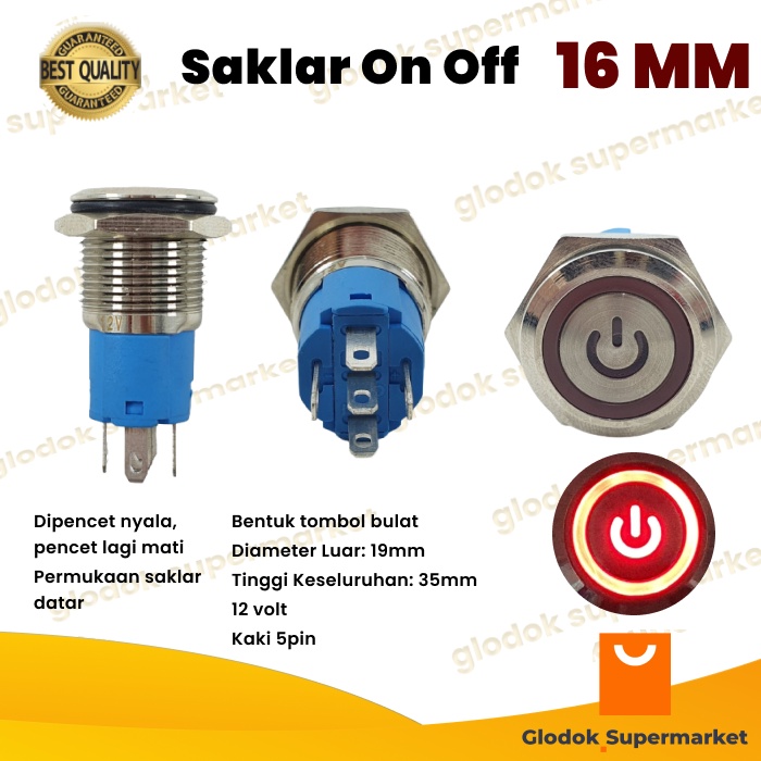 Jual Switch Metal 16mm Push On Off Lampu 5 Pin Saklar Stainless Logo ...