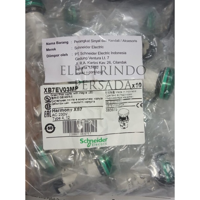 Jual Schneider Harmony Xb7Ev03Mp Hijau Pilot Light Lamp Led Original ...