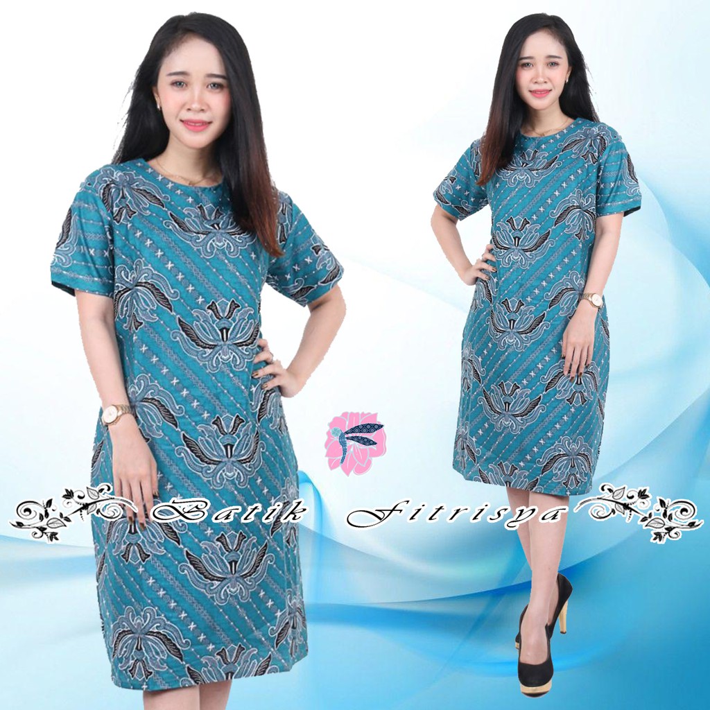 Jual Pakaian Batik Wanita Jumbo Dress Xxxxl 4l Lengan Pendek Motif Mahkota Biru Laut Model 