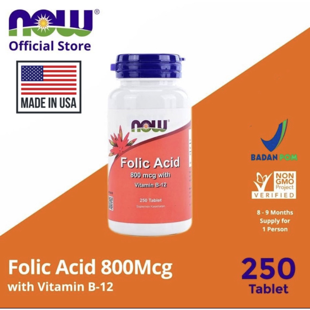 Jual NOW Foods, Folic Acid 800Mcg with Vitamin B-12, 250 Tablets ...