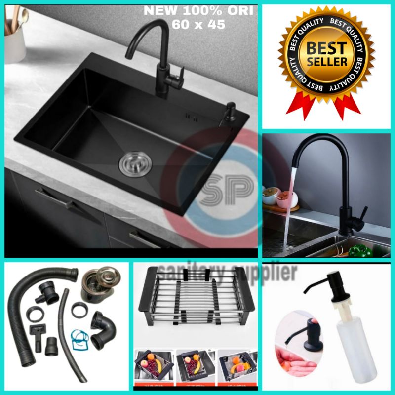 Jual KITCHEN SINK 6045 BLACK LENGKAP KRAN/KRAN TARIK/KRAN PIPA/KRAN ...