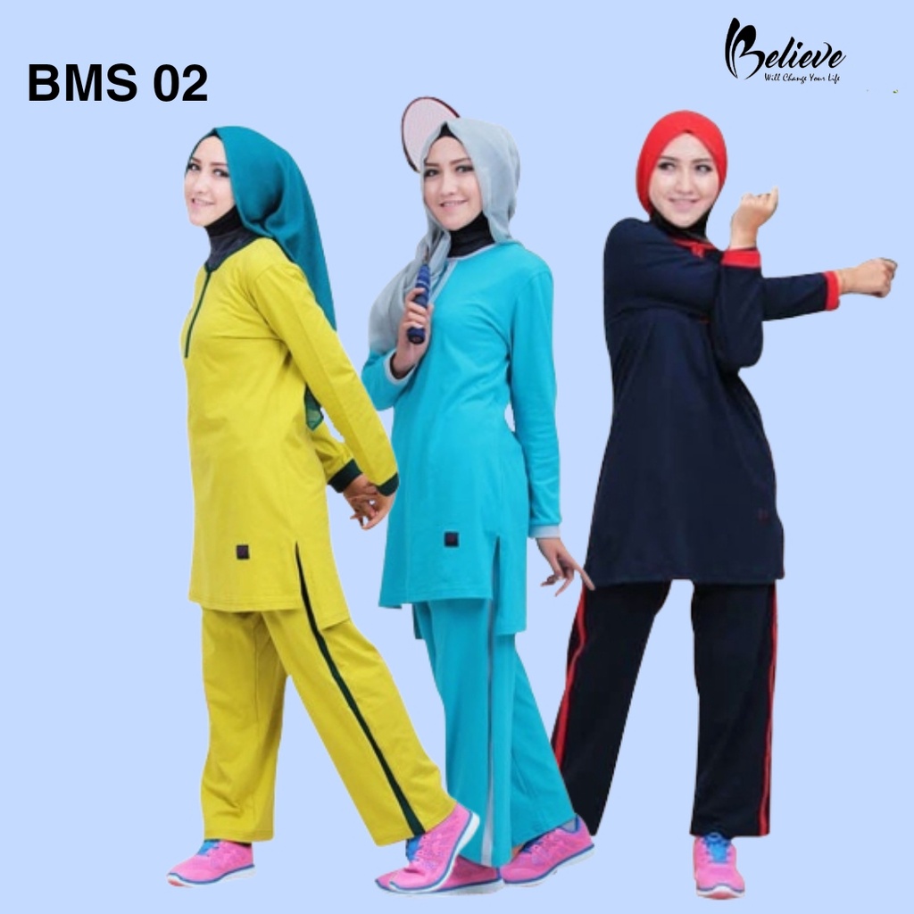 Jual Baju Olahraga Wanita Muslim Muslimah Syari Setelan Seragam Senam Jumbo Believe Stelan Bms 8171