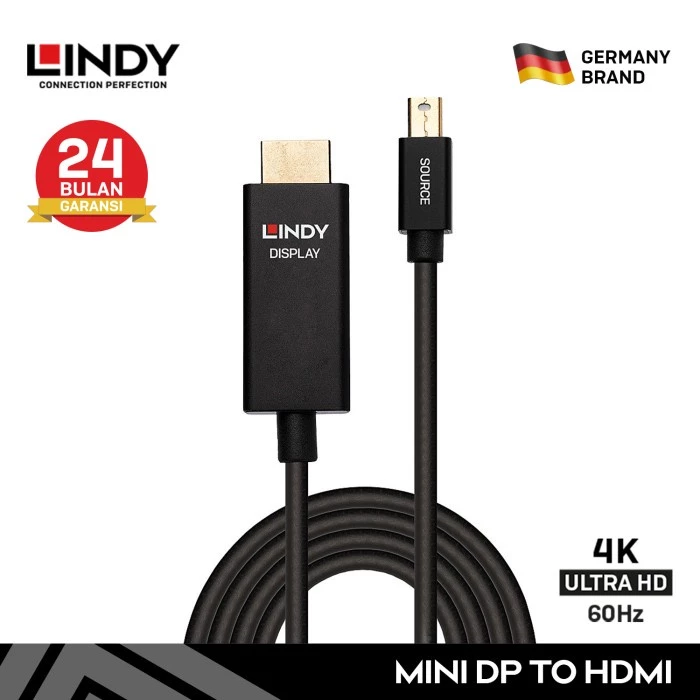 LINDY Kabel Mini DisplayPort to HDMI 2M 3M Mini DP to Hdmi Thunderbolt Mac Laptop to Monitor Cable Male to Male 4K 60Hz 