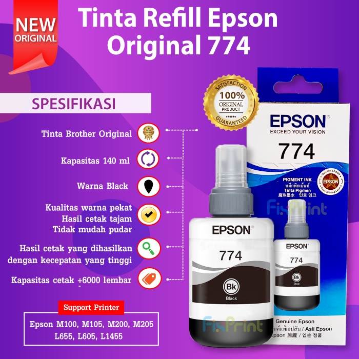 Jual Tinta Epson T7741 Black HITAM Original T774 PRINTER M100 M200 K200 ...