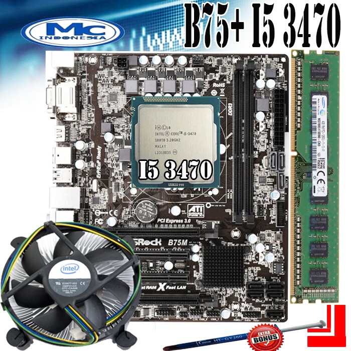 Jual Motherboard MOBO ASRock B75 + Processor i5 3470 + FAN + RAM 4GB