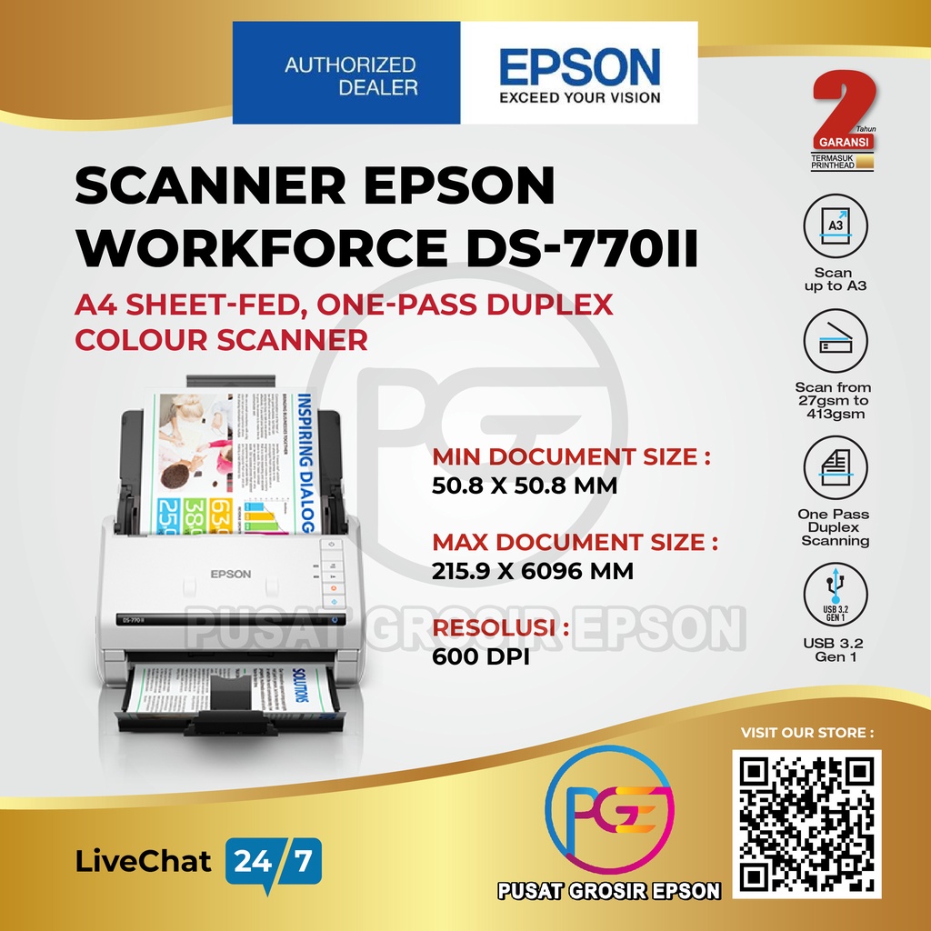 Jual Scanner EPSON WorkForce DS-770II DS770II DS 770II Color Document ...