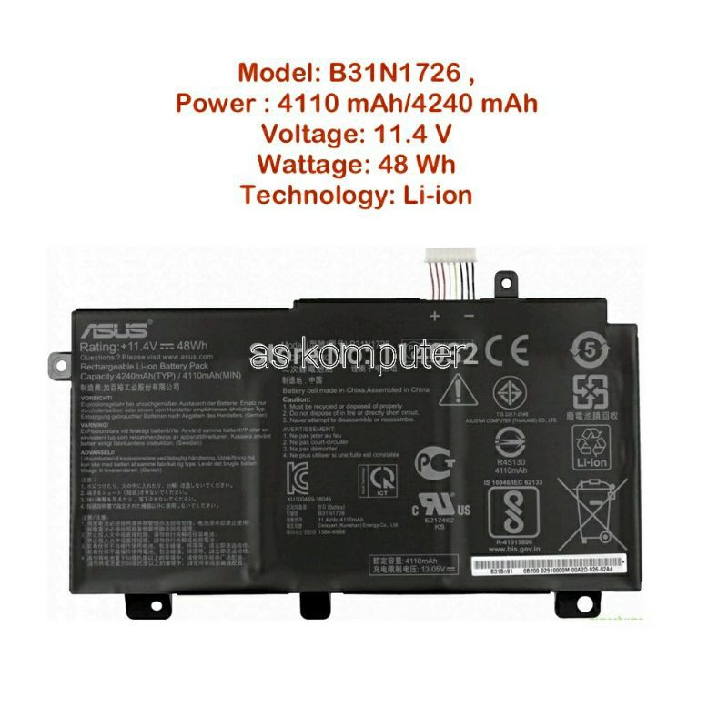 Batteria Per Asus TUF Gaming FX504 FX505 FX80 FX86, B31N1726, 11.4V 48Wh, 3 Celle LiPo - Foto 2