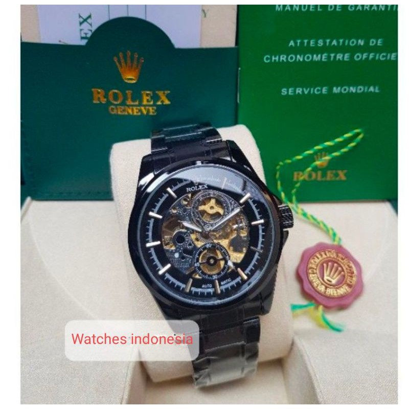 Jual Jam Tangan Pria Rolex Otomatis Skelaton Swiss All Black Transparan ...