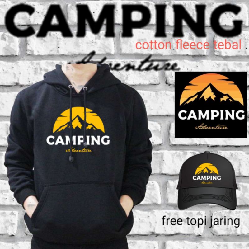 Jual Hoodie oblong berkupluk logo camping free topi sablon