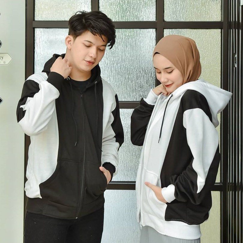 JAKET HOODIE COUPLE KOMBINASI WARNA HITAM PUTIH HARGA SATUAN