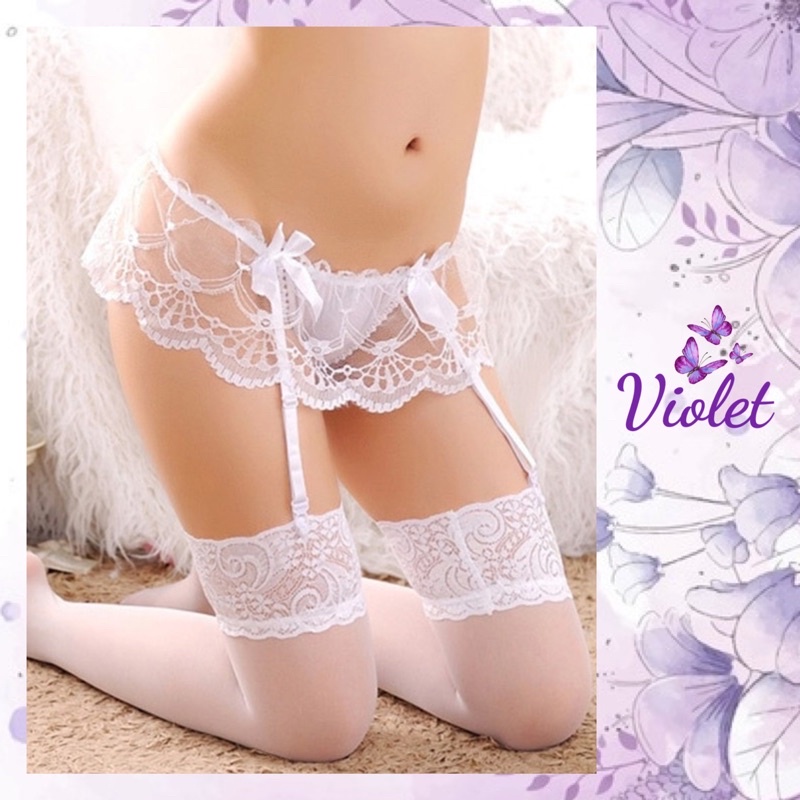 Product image Violet Stocking Seksi Set + G-String Celana Dalam Wanita Renda With Garter Belt Erotis 1088