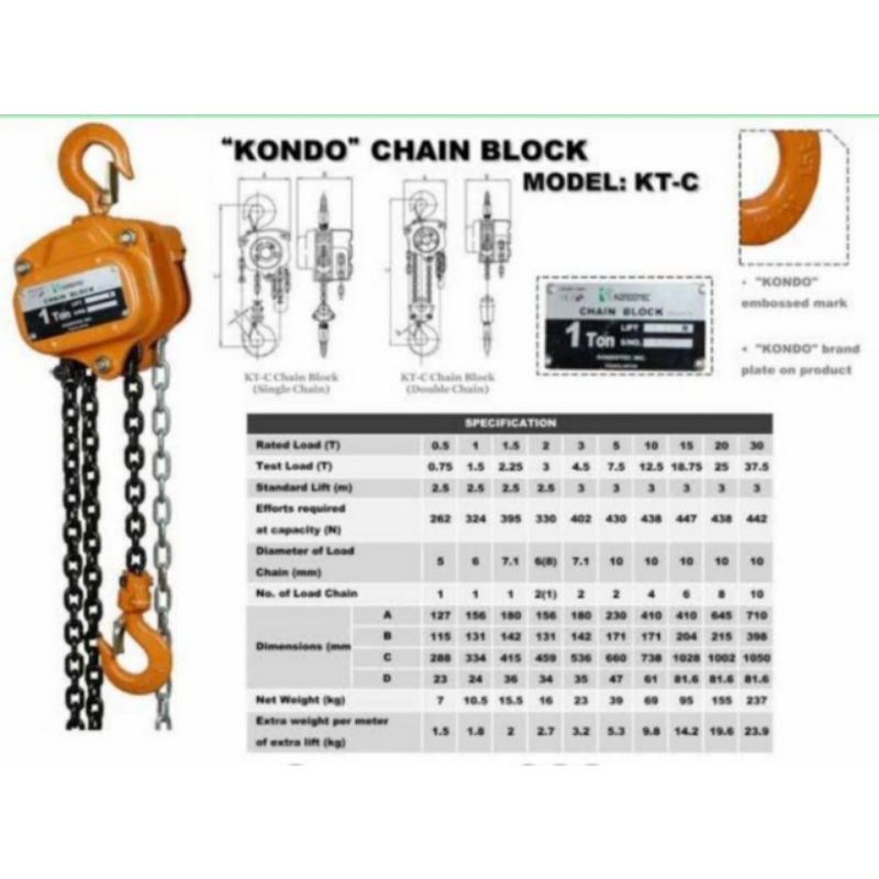 Jual lever block 3 ton Kondotec / Takel Japan Kondotec 3 ton x 3 Meter