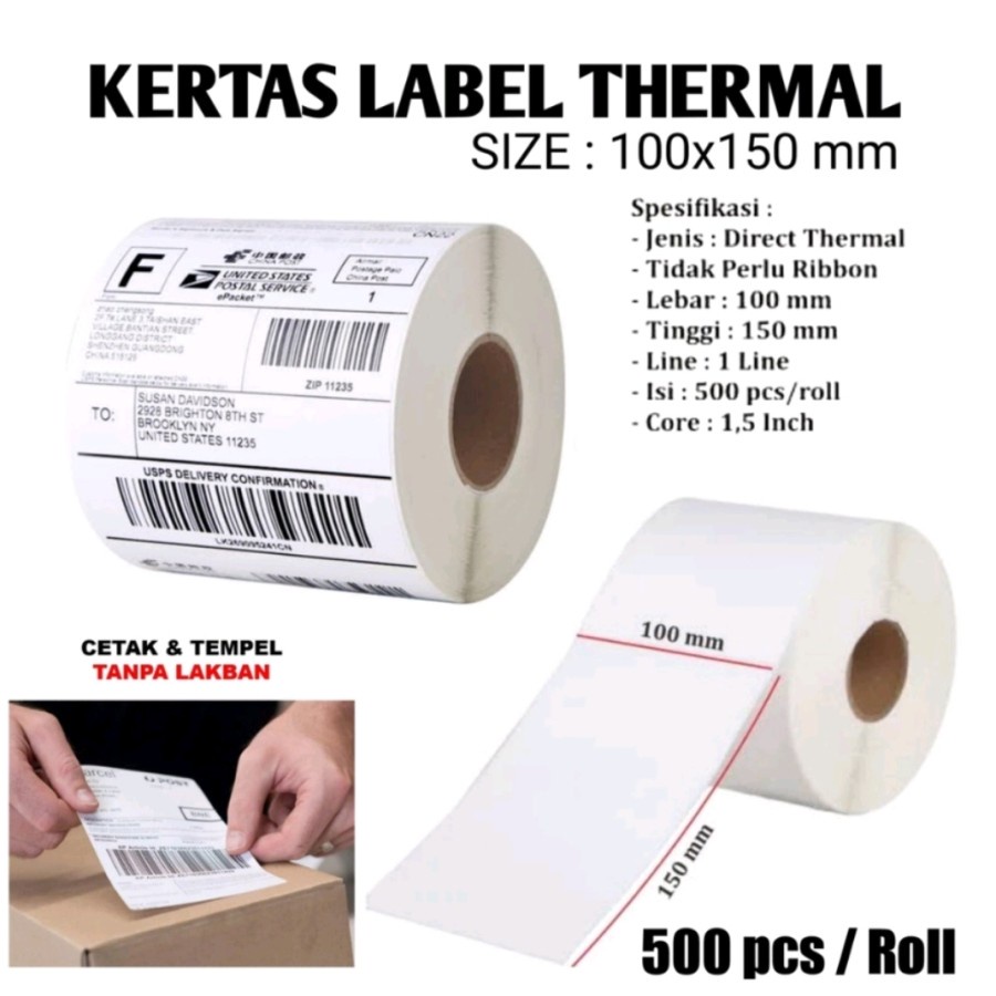 Jual Kertas Resi Label Thermal Barcode Roll A6 100x150mm Roll Isi 500