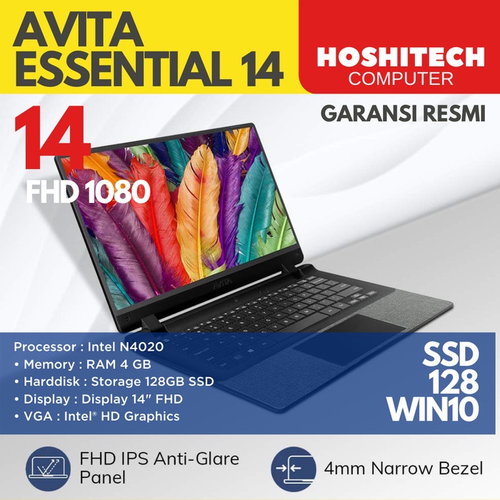 Laptop Avita Essential 14 N4020 4GB 128ssd 14 Full HD WIN10 HOME S  DOS/TANPA WIN10