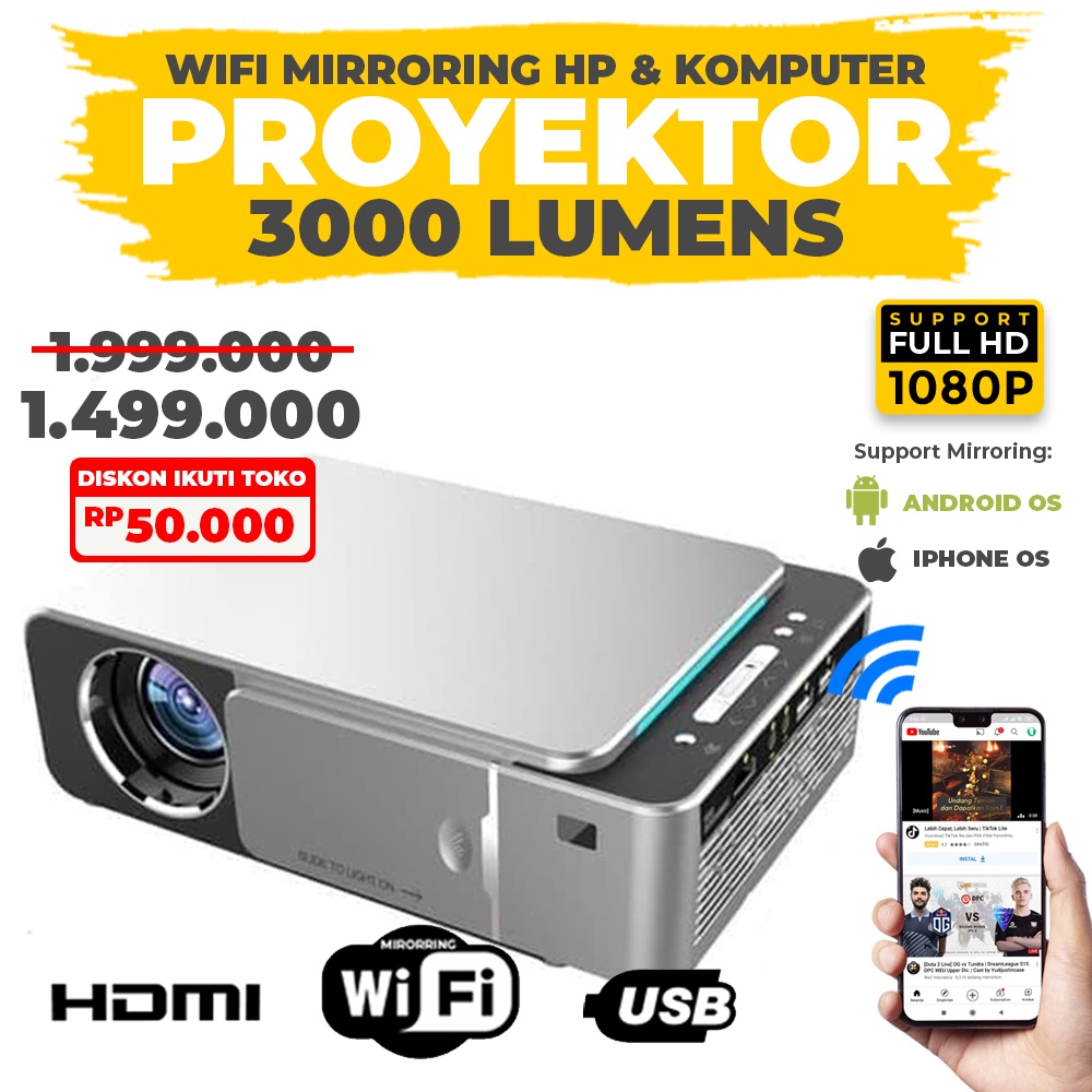 Jual Proyektor Projector Wifi Mirroring MIracast Android & IOS - 3000 ...