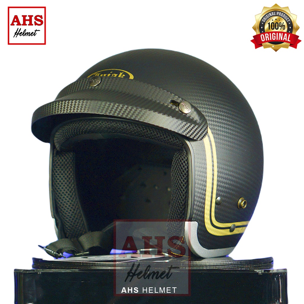 Jual Helm Retro Injak Carbon Full Leher Solid Black Doff Original Sni