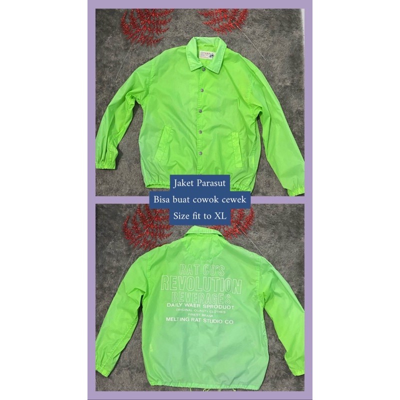 Jual Jaket Unisex Cowok Cewek Hijau Neon Kece Kekinian Parasut Pvc Anti Hujan Sporty Rider