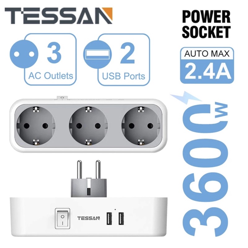 Jual TESSAN TS-322-DE Stop Kontak 3 AC Power & 2 USB port Multi Outlets ...